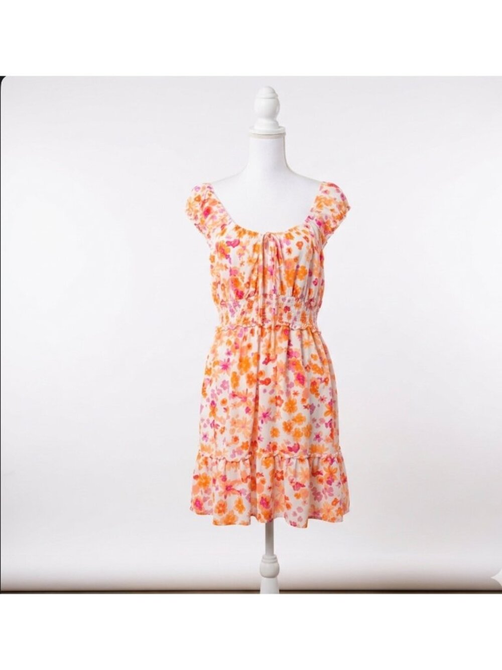 Wild fable Floral Print Ruffle Hem Mini Dress XXL With Smocked Waist & Cap Sleev